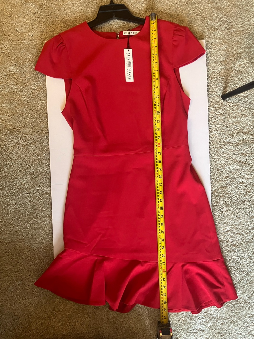 Alice + Olivia Red Asymmetrical Ruffle-Hem Cap Sleeve Dress